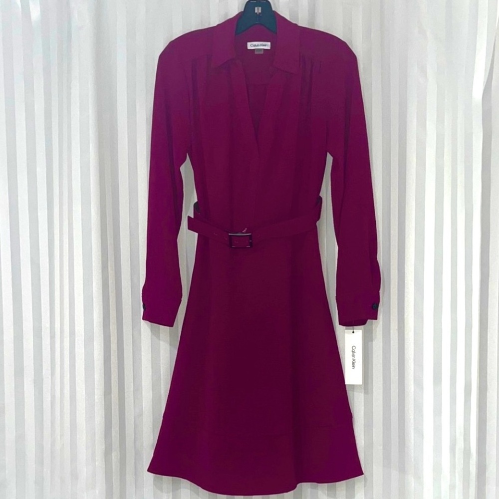 Calvin Klein Long Sleeve Collared Belted Fit & Flare Dress NWT